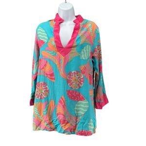 Britt Ryan Mini Dress Silk Blend Bright Pink Blue Tropical V-Neck Beach Medium